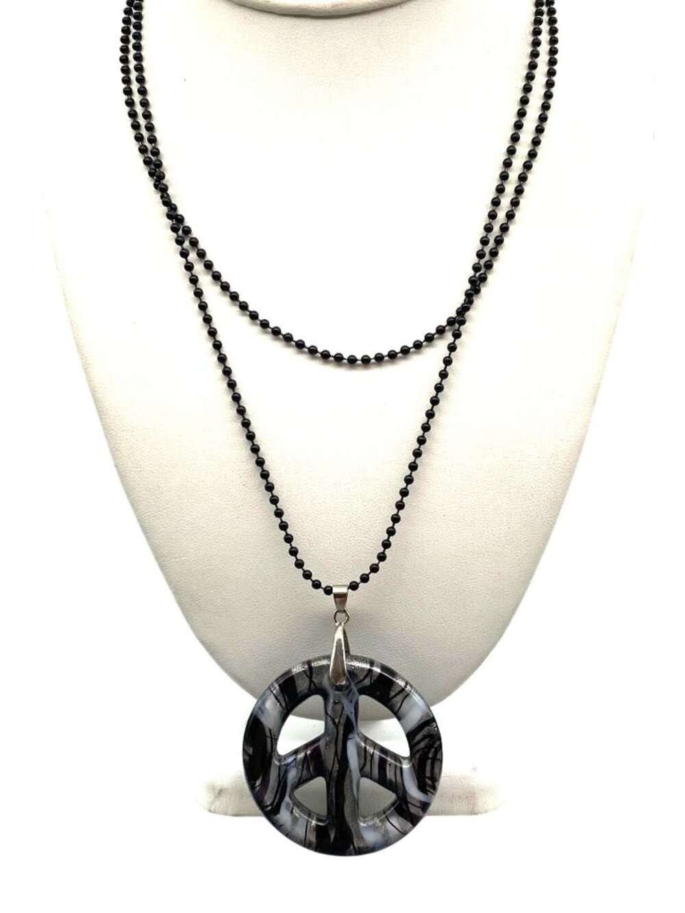 Dichroic Art Glass Peace Sign Pendant, Black White and Silver Swirl on Black